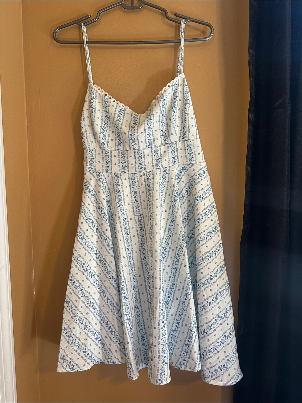 White and Light Blue Floral Sundress - Spaghetti Strap A-Line